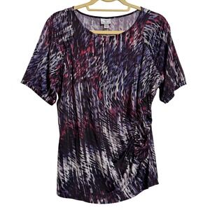 Worthington Stretch Womens Large Abstract Print Ruched Side Short Sleeve Top L
